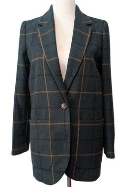 Madewell Womens Size S Green Larsen Windowpane Oversized Wool Blend Blazer Top